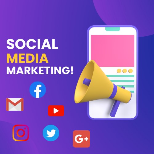 Graphic with icons of popular social media platforms including YouTube, LinkedIn, Instagram, Facebook, Quora, Twitter, WhatsApp, and Pinterest. The text above and below the icons reads 'Social Media Marketing' on a purple background