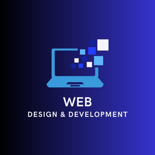 Graphic icon of a laptop with floating blue and white squares, representing digital elements. The text below reads 'Web Design And Development' on a gradient blue background