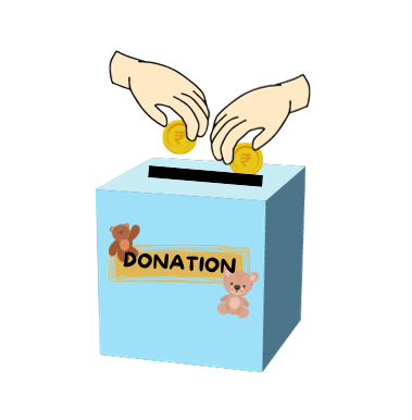 Two hands dropping coins into a blue donation box adorned with teddy bear illustrations and a label that reads 'DONATION.' The image symbolizes charitable contributions and a commitment to making a positive impact in the community