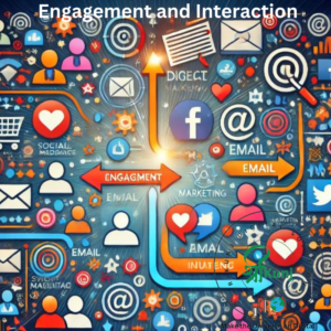 A colorful visual showcasing digital marketing engagement and interaction, featuring social media icons, email symbols, and interactive elements like chat bubbles and comments. The design highlights the flow between brands and audiences with arrows pointing toward engagement and communication, symbolizing customer loyalty and relationship-building