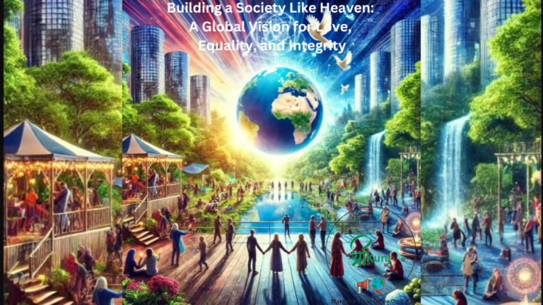 The image should depict a diverse group of people from different cultures and backgrounds, standing together in harmony. The background features a bright, sunrise sky that transitions from warm golden hues at the horizon to a serene blue higher up, symbolizing hope and a new beginning. In the distance, modern and futuristic cities with green spaces blend seamlessly with nature, representing a society in balance with the environment. In the foreground, children are playing and planting seeds, symbolizing the next generation nurturing the values of this ideal society. The overall atmosphere is one of peace, warmth, and unity, with soft light casting a gentle glow on the scene.