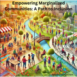 Empowering Marginalized Communities- A Path to Inclusion. An image of diverse communities gathered on both sides of a bridge,celebrating together with joyful expressions. The bridge connects these communities, symbolizing unity and inclusion. On the bridge, people of all ages and backgrounds are interacting, sharing, and enjoying cultural activities, representing a harmonious and inclusive society.