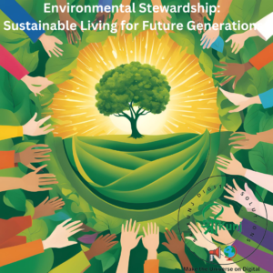 Environmental Stewardship- Sustainable Living for Future Generations. An image of a shining green tree surrounded by diverse hands gently cradling it. The tree’s roots extend into symbols of renewable energy (solar panels, wind turbines) and conservation (recycling symbols), emphasizing collective responsibility for sustainable living and protecting the environment for future generations.