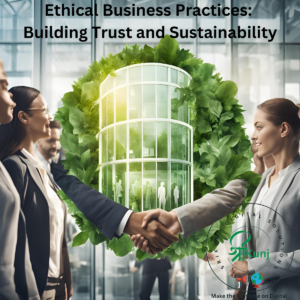 Ethical Business Practices- Building Trust and Sustainability- An image of a handshake between diverse business professionals, with a green, thriving cityscape in the background.