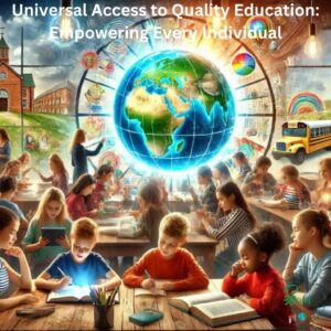 An image of diverse children and adults studying together in a vibrant, open classroom. Books, digital tablets, and a glowing globe symbolize universal access to education. The backdrop shows schools in various global settings, emphasizing inclusivity and empowerment.