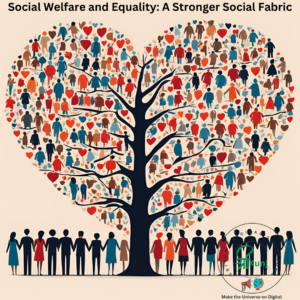 Social Welfare And Equality- A Stronger Social Fabric- An image of diverse hands weaving a vibrant, multicolored fabric that symbolizes unity. Within the fabric, include symbols of social welfare (heart-tree) and equality (scales), showing how these elements strengthen the social fabric and community.