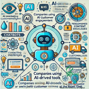 Infographic showcasing the role of AI in marketing. It highlights tools like chatbots and automated content, demonstrating how businesses can personalize messages for customers. Visual elements include icons representing AI algorithms, customer profiles, and content personalization. The message 'Companies using AI-driven tools are seeing better customer engagement' is prominently displayed. The design uses appealing colors and a clean, modern layout