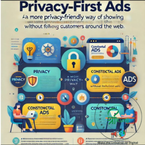 An infographic titled 'Privacy-First Ads' with colorful visuals depicting a privacy-friendly approach to advertising. The design features icons such as a shield and a lock, representing user privacy. It shows ads being displayed based on the content users are currently viewing rather than tracking their browsing history. The central message emphasizes 'A more privacy-friendly way of showing relevant ads without following customers around the web.' The layout includes images of users on laptops, surrounded by symbols of contextual ads and privacy measures