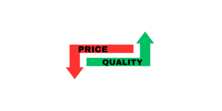 An infographic illustrating the relationship between price and quality. The image shows a red arrow pointing downward labeled 'Price' and a green arrow pointing upward labeled 'Quality,' suggesting that higher quality often comes with higher prices, but the goal is to achieve value for money