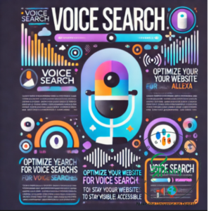 Infographic titled "Voice Search" featuring Siri, Alexa, and Google Assistant icons connected by sound waves. It highlights "Voice search is growing" and advises optimizing websites for visibility, in a purple, blue, and white color scheme