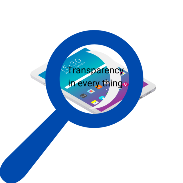 A blue magnifying glass icon placed over a smartphone screen displaying various app icons. The magnifying glass highlights the phrase 'Transparency in every thing,' symbolizing the importance of clarity and openness in digital interactions